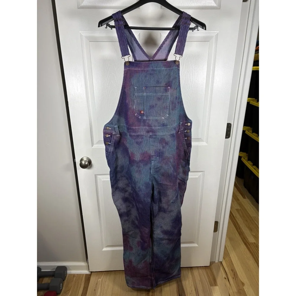 Dickies Custom Ice Dyed Striped Denim Overalls 2XL Purple Pink Rave Grunge